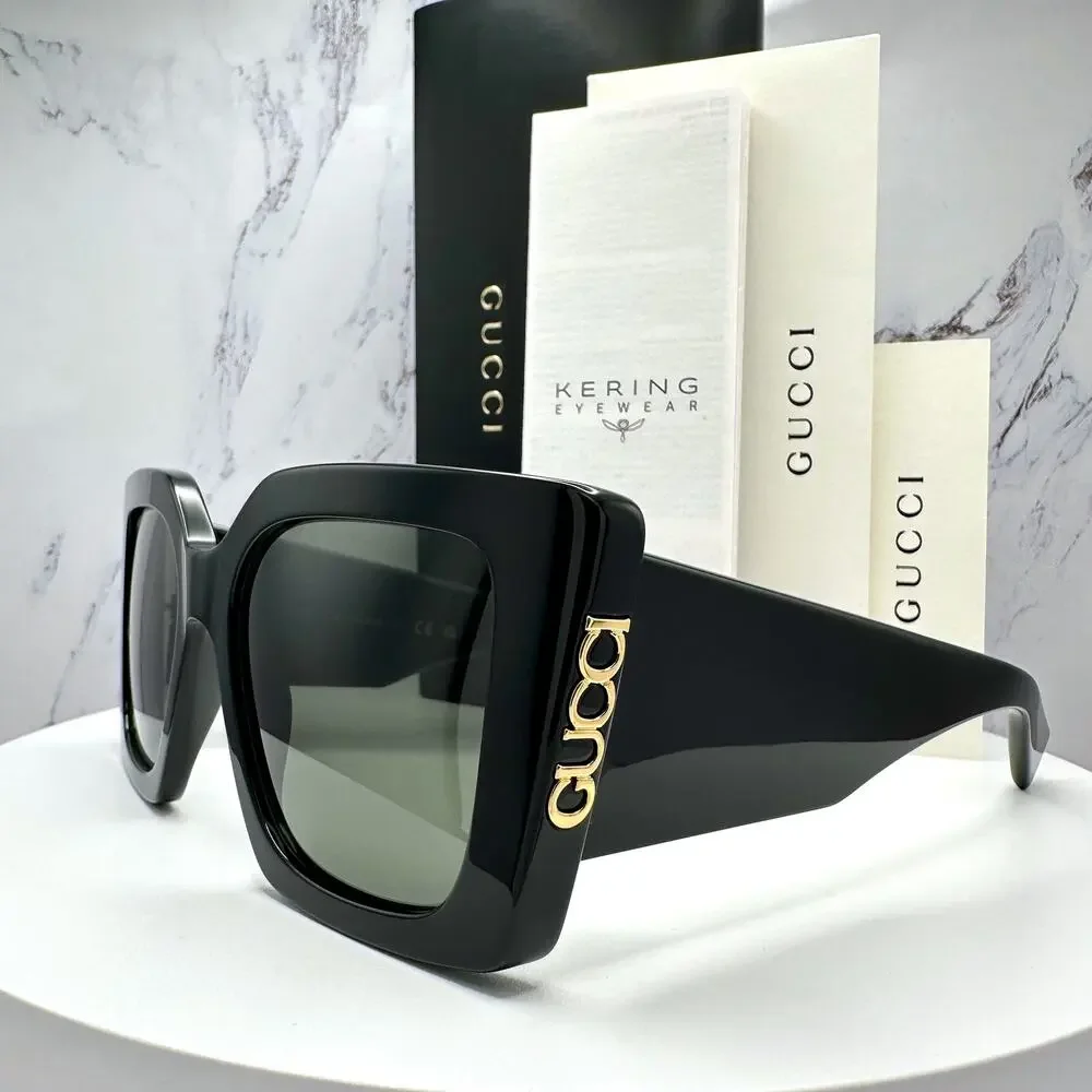 New GUCCI Sunglasses Black Gold Logo Square Oversized 51mm Grey Lens Womens